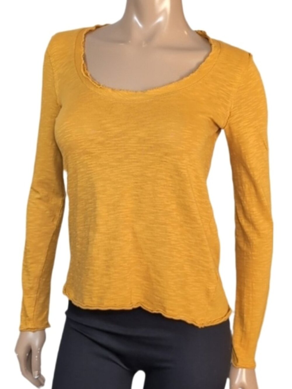 Anthropologie Raw Edge Long Sleeve Top Womens XS Mustard Yellow Gold Cotton
